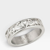 Réalta silver-toned stainless steel Claddagh band ring featuring traditional heart, hands, and crown design.