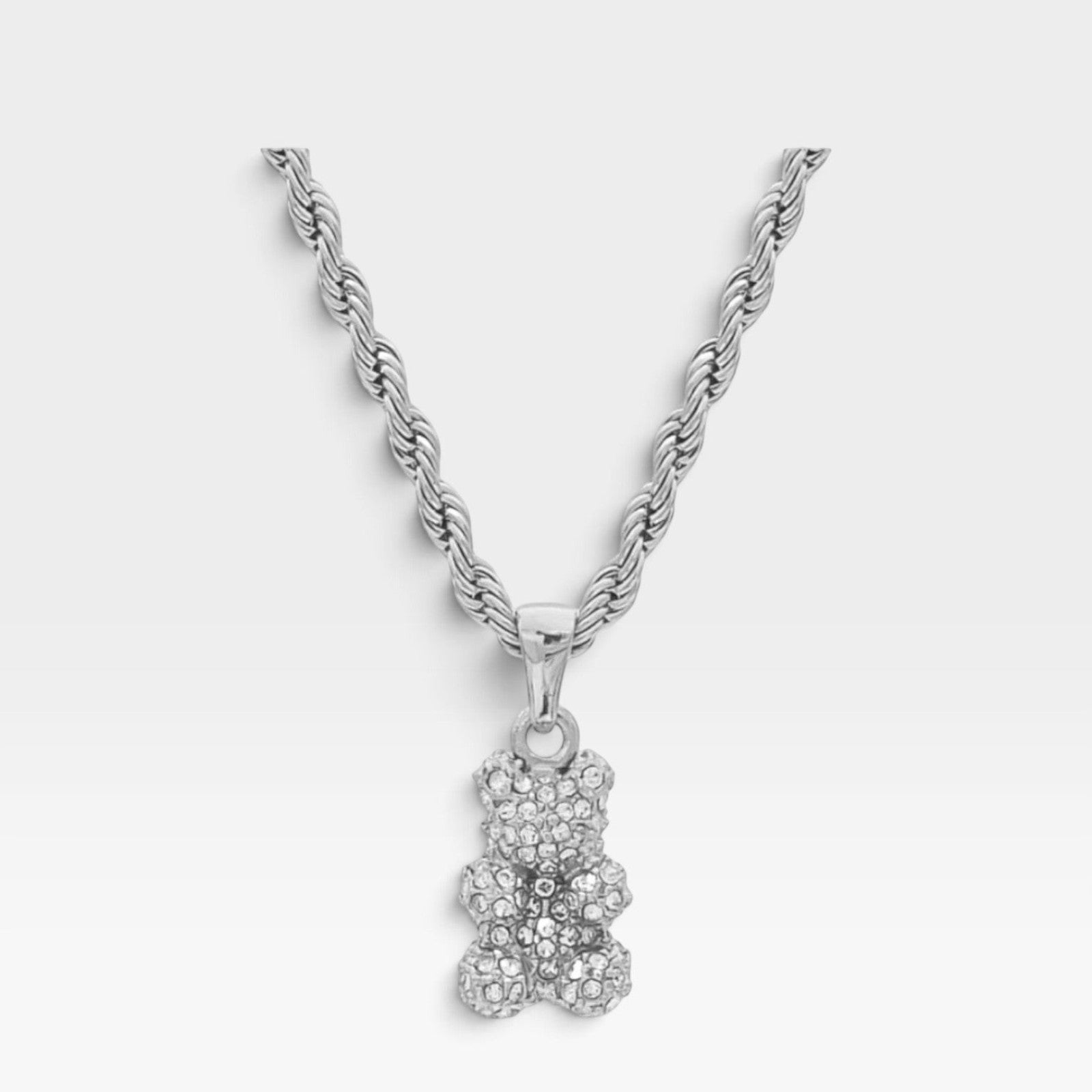 Réalta silver-tone stainless steel bear pendant necklace with pavé-set crystals on a twisted rope chain