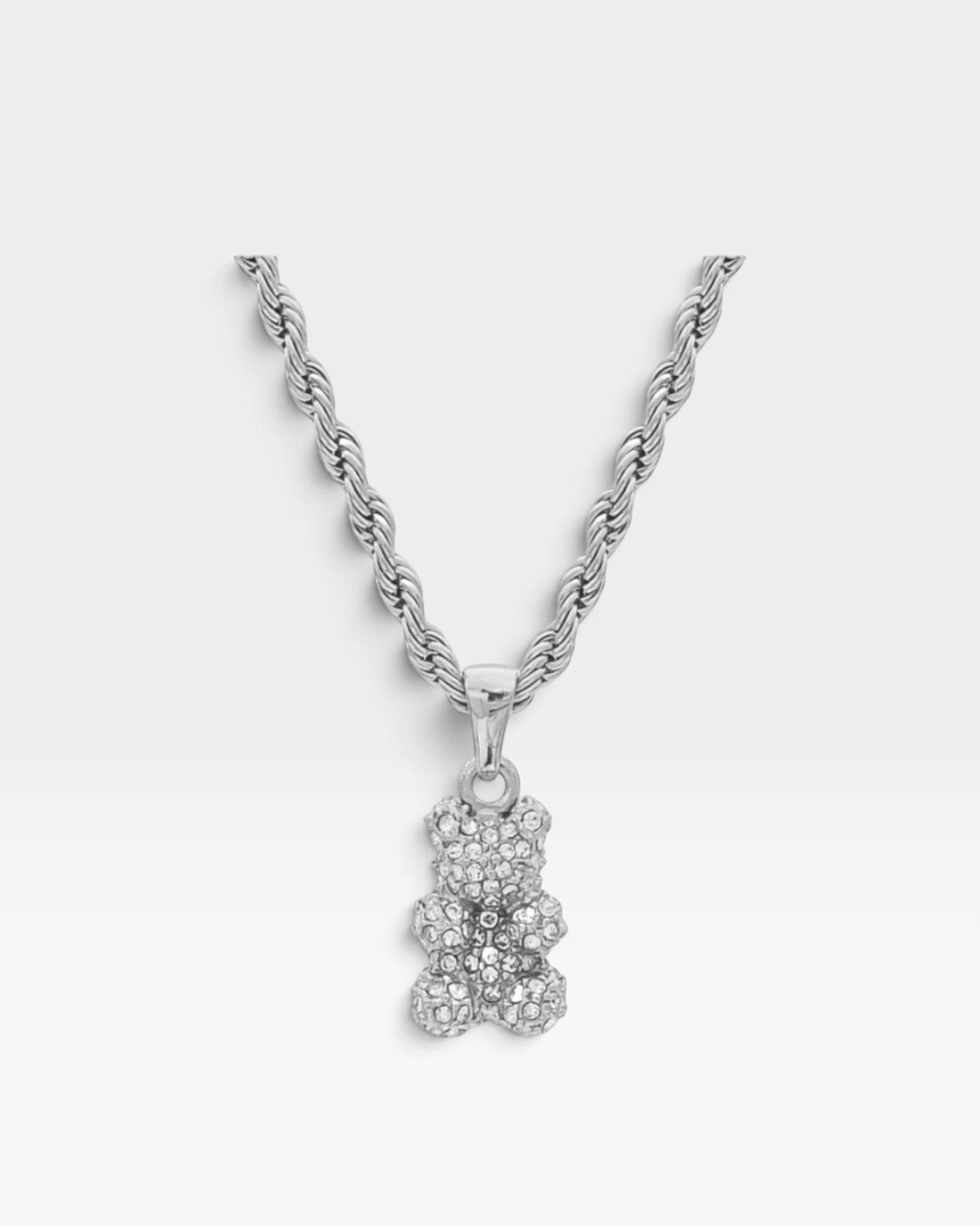 Réalta silver-tone stainless steel bear pendant necklace with pavé-set crystals on a twisted rope chain